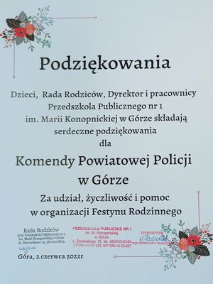 Podziękowanie dla Komendy Powiatowej Policji w Górze