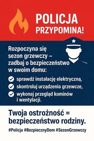 Na zdjęciu jest grafika policjanta z napisem Policja przypomina. Plakat jest w brawach granatowo - czerwonych.