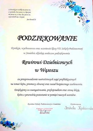 Podziękowania od Dyrekcji Szkoły w Jemielnie za przeprowadzenie prelekcji.