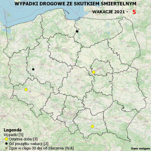 Policyjna mapa wypadków drogowych ze skutkiem śmiertelnym - Wakacje 2021