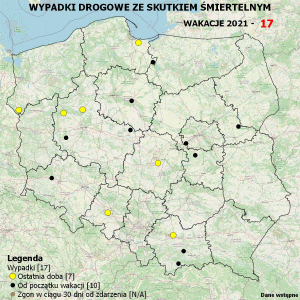 Policyjna mapa wypadków drogowych ze skutkiem śmiertelnym - Wakacje 2021